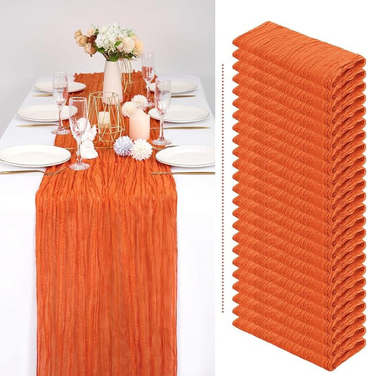 24 Pack Fall Halloween Table Runner 10FT Orange Cheesecloth Table Runner 35 x 120 Inch Long Semi-Sheer Gauze Fabric Boho or Rustic Wedding Table Decor for Bridal Shower Baby Shower Holiday Party