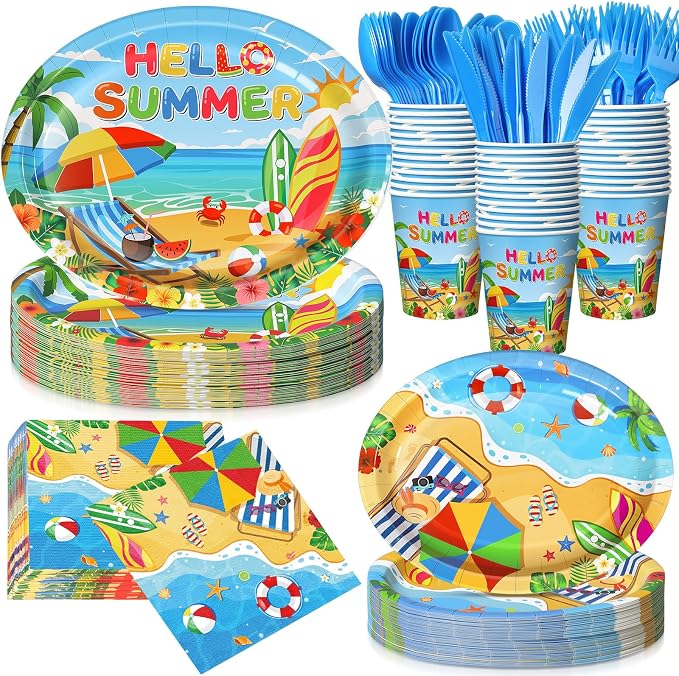 Pajean 350 Pcs Beach Party Decorations 12 in Disposable Oval Hello Summer Plates Napkins Summer Pool Beach Heavy Duty Paper Tableware Set for 50 Guests Hawaiian Birthday Pool Party Supplies