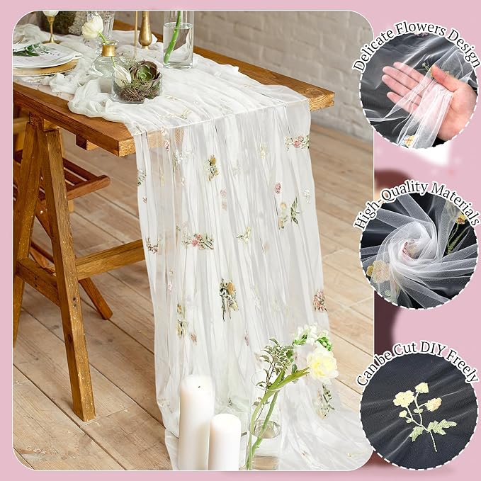 Lounsweer 3 Pcs White Wildflower Table Runner 10ft Embroidery Tulle Spring Floral Table Runner Seasonal Summer Butterfly Kitchen Dining Gauze Decoration for Wedding Baby Shower Birthday Party