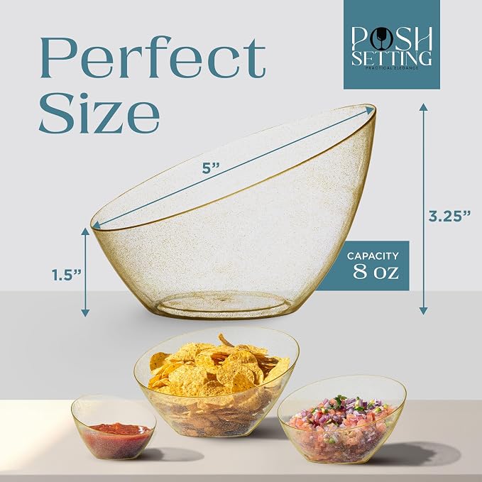 Posh Setting - Gold Plastic Serving Bowls for Party Angled Bowls Disposable Chip Bowls Candy Bowls for Party Table Salad and Fruit Bowls for Wedding Serving Bowls-Gold Glitter, 8 OZ, 5 Pack