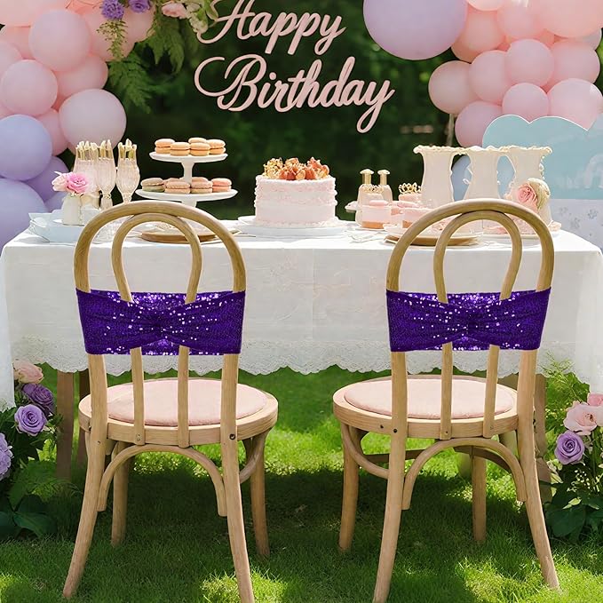 Poise3EHome Purple Sequin Chair Sashes Folding Chair Covers Bow for Wedding Party Reception Decorations, 20 PCS