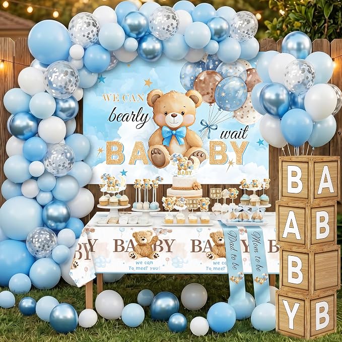 Bear Baby Shower Decorations, 140 PCS We Can Bearly Wait Baby Shower Party Supplies with Backdrop, Tablecloth, Cake Toppers, Balloons, Sash, Boxes, Blue Baby Them Party for Boy Baby Shower Decorations