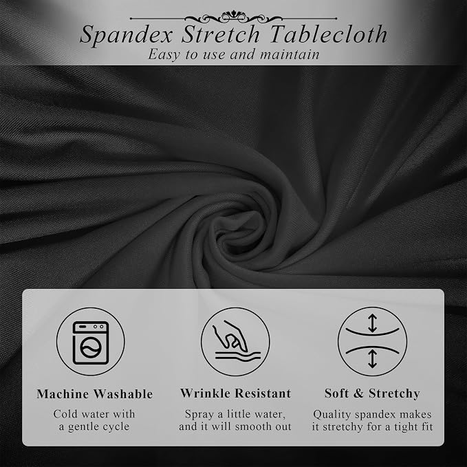Kochorie 4 Set Cocktail Table Covers with Satin Sash, 32 x 43 Inch Round Cocktail Table Skirt, Spandex Stretch High Top Tablecloth for Wedding Banquet Birthday Party Decorations, (Black, Gold)