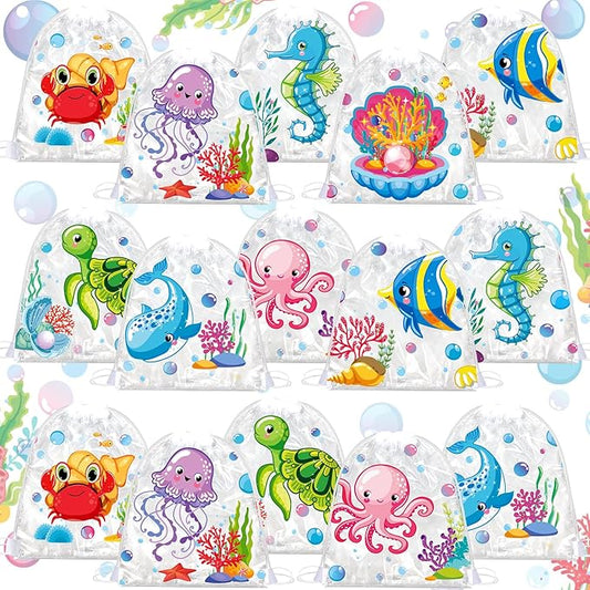 16 Pcs Under The Sea Party Drawstring Bag Favors Ocean Animal PVC Drawstring Backpack Gift Goodie Treat Bag for Ocean Sea Marine Birthday Party Supplies