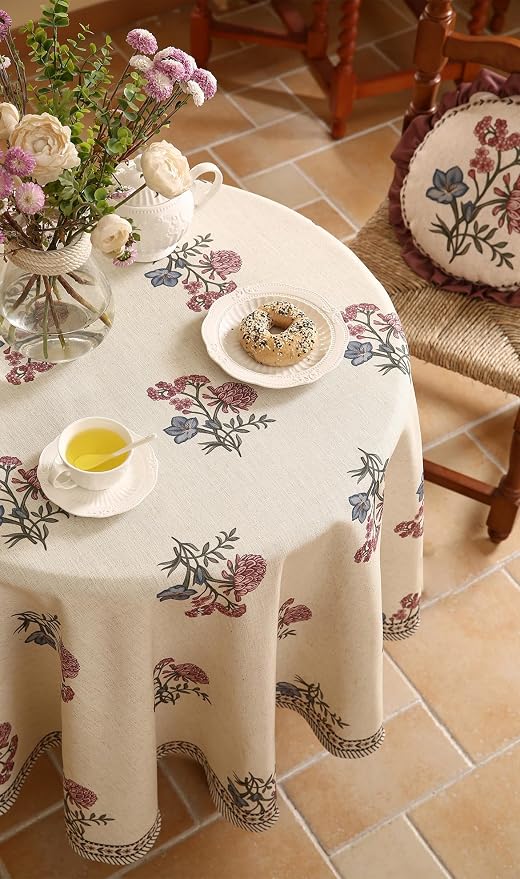 ISAENNE Designer French Linen Round Tablecloth,Diameter 67"-Helena E | Vintage Elegant Beautiful Table Cloth for Round Table,Floral Pattern,Heavyweight,Dining Room,Kitchen,Thanksgiving,Decor