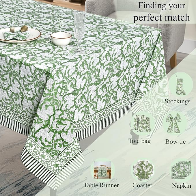 Ridhi Sage Green 60x90 Inches Rectangle 100% Cotton Hand Block Print Tablecloth Washable Easter Thanksgiving/Christmas Parties/Wedding Use,Fall décor Farmhouse Dining Dinner Tablecloth