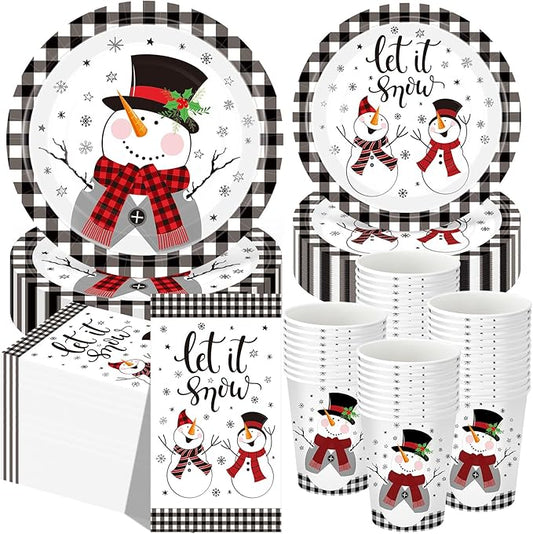Funnymoom 250 Pcs Winter Snowman Paper Plates and Napkins Party Supplies Black White Buffalo Plaid Winter Disposable Tableware Set for Christmas Holiday Party Decoration