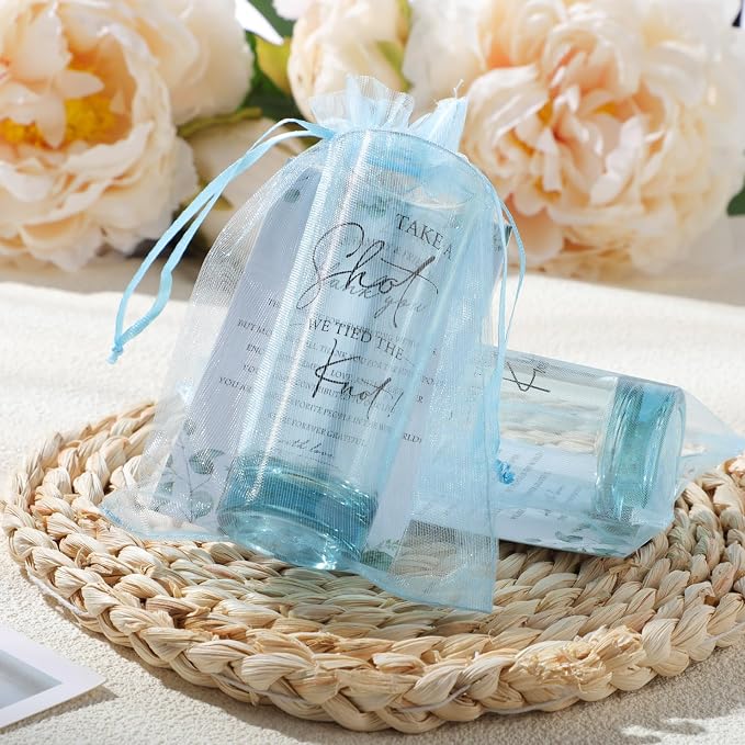 Sliner 50 Set Wedding Favors for Guests Bulk 2oz Acrylic Take a Shot We Tied the Knot Shot Glasses with Thank You Cards Organza Bags for Guest Souvenirs Wedding Newlyweds Bridal Shower Gifts (Blue)