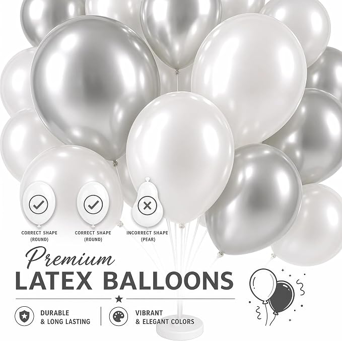 Balloon Column Kit for Floor-Balloon Columns with Stand, Base and Pole,Balloon Tower Backdrop Decoration for Wedding, Baby Shower, Birthday Party, or Bachelorette Parties (Silver White)