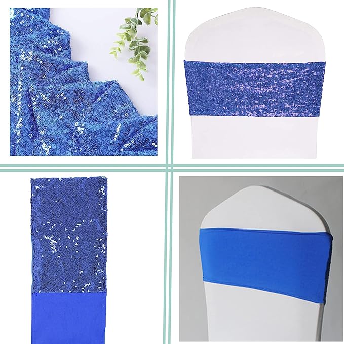 Pack of 25 Stretch Sequin Chair Sashes Chair Bands One-Sided Sequins Decor for Hotel Wedding Reception Events Party Chair Cover Decoration (Blue)