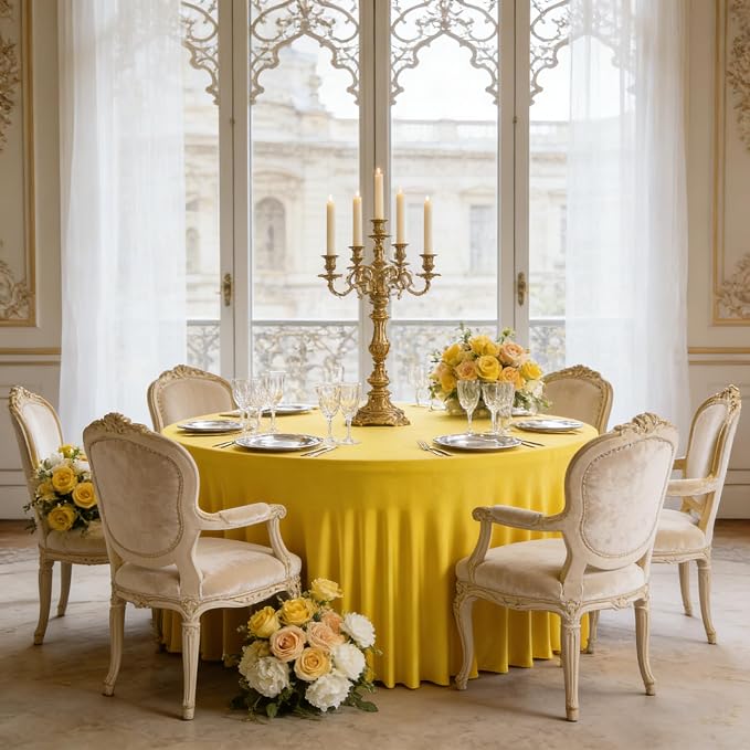 2 Pack Yellow 60 inch Round Spandex Tablecloth, Washable Stretchy Fitted 5FT Round Tables,Elastic Edge with Skirt, Wrinkle Free Table Cloths for Wedding Banquet Party Birthday Buffet