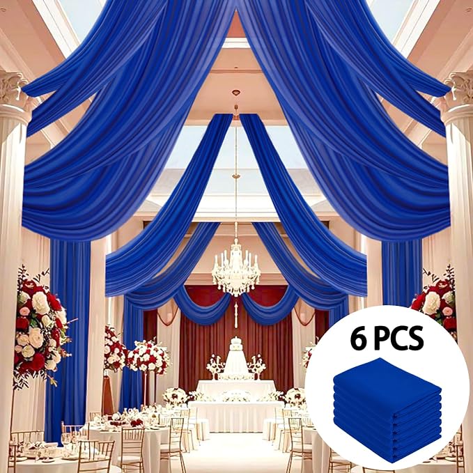 DUOBAO Royal Blue 5x20ft Chiffon Drapes | 6pc Elegant Sheer Wedding Backdrop Curtains | Perfect for Tent, Banquet Hall, and Photography