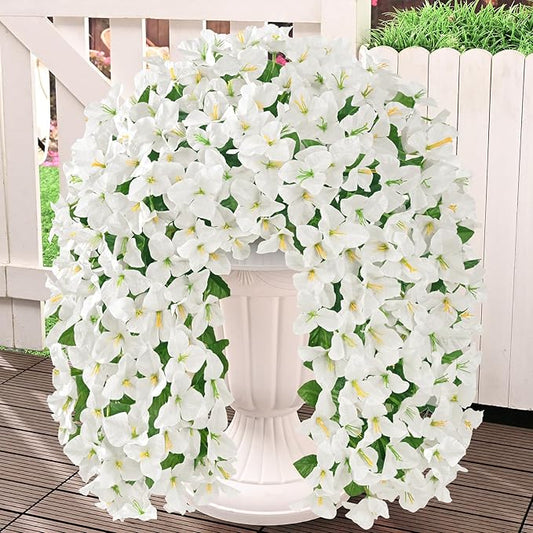 Livole 2Pcs Bougainvillea Artificial Flowers for Outdoors, Realistic UV Resistant White Faux Outdoor Plants Flowers, Silk Hanging Fake Flowers for Outside Home Porch Patio Balcony Garden Decor