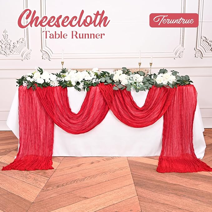 20 Pack Red Table Runner 10FT Long Cheesecloth Table Runner Cheese Cloth Gauze for Wedding Party Birthday Decoration-Red