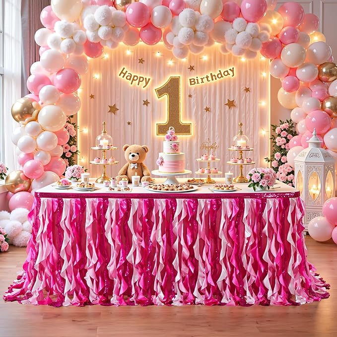 Wish Care 17ft Pink Sequin Table Skirt for Rectangle Tables Glitter Curly Willow Fuchsia Tutu Skirt Ruffle Table Cloth Desk Skirts for Princess Girls Birthday Baby Shower Party Cake Table Decorations