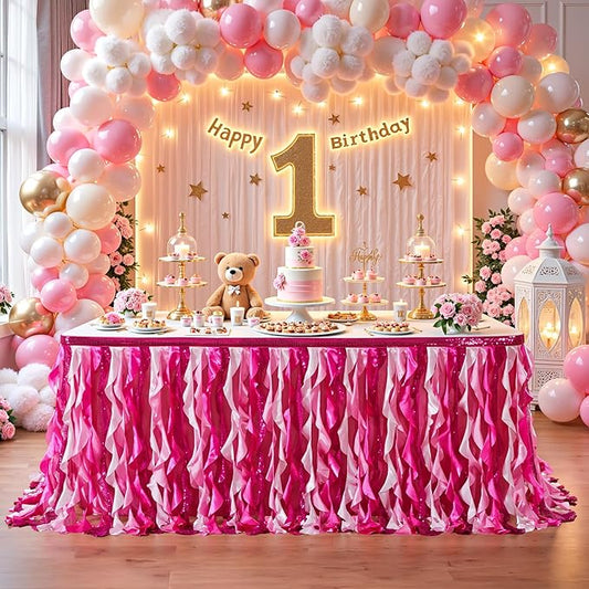 Wish Care 9ft Pink Sequin Table Skirt for Rectangle Tables Glitter Curly Willow Fuchsia Tutu Skirt Ruffle Table Cloth Desk Skirts for Princess Girls Birthday Baby Shower Party Cake Table Decorations