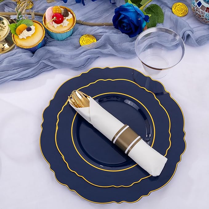 Liacere 350PCS Navy Blue Plastic Plates-Disposable Blue Gold Plates 50guest Plastic Dinnerware include 100Plates,50Pack Pre Rolled Napkins with Silverware 50Cups for Graduation & Memorial Day