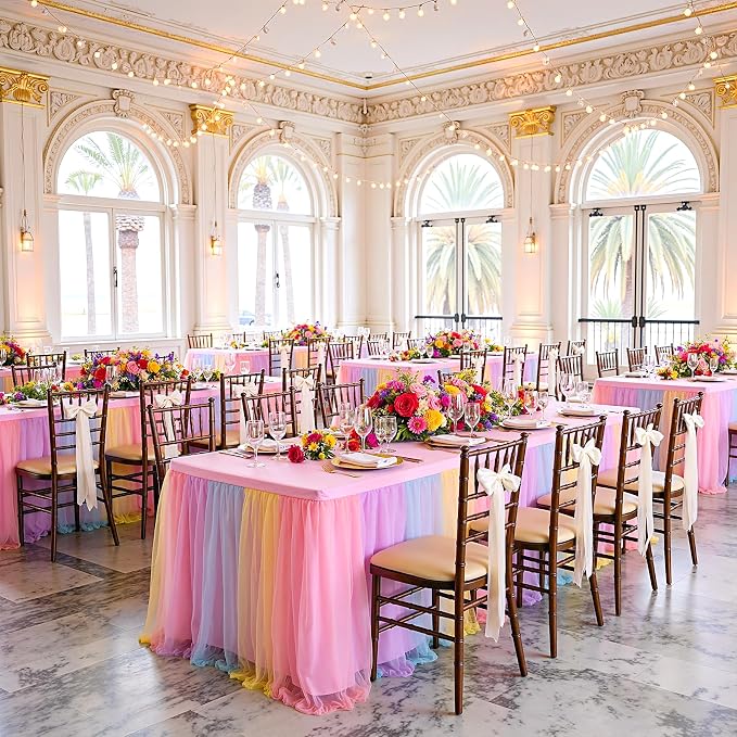 4 pk 6ft Rainbow Tulle Tablecloth for Rectangle Tables, 2-in-1 Pastel Color Table Covers with Tulle Skirt,Wrinkle Free Stretchy Ruffle Tulle Table Cloths Fitted for Wedding Party Banquet Vendor