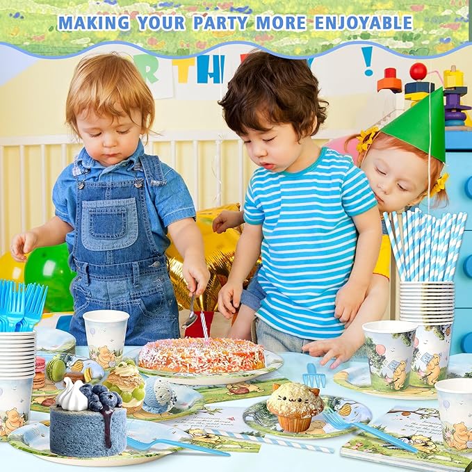156 Pcs Winnie Bear Baby Shower Plates and Napkins Tableware Set, Plates Napkins Cups Straws and Forks Sets, Winnie Baby Shower Decorations Birthday Party Supplies, Serves 26 Guests