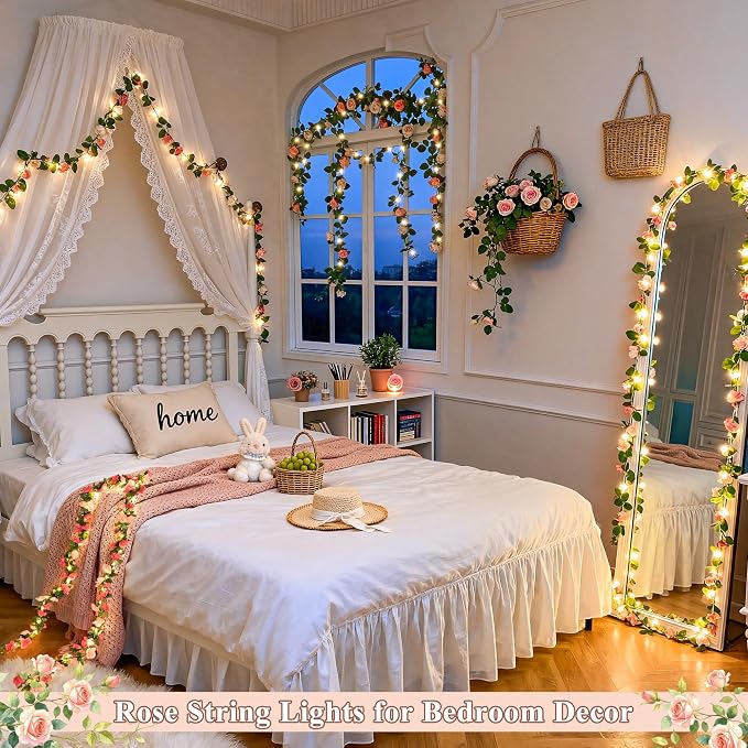 JMEXSUSS Rose Pink Flower Lights, 48 LED 15.75 FT Artificial Rose Vine Lights Battery Operated, Hanging Flower Vines Floral Garland Decorations for Indoor Bedroom Table Wedding Decor(Warm White)