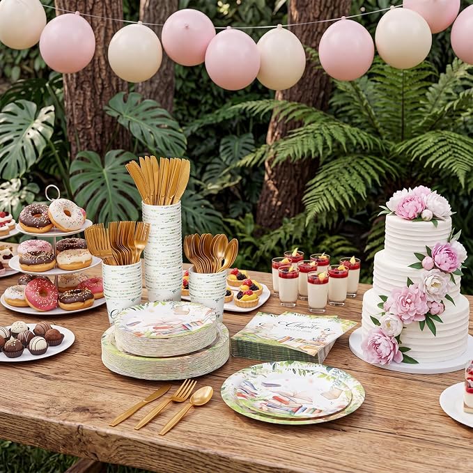 Ziliny 350 Pcs Story Book Themed Baby Shower Tableware Set, a New Chapter Is About to Begin Disposable Paper Plates Napkins Cups Woodland Animal Tableware for Gender Reveal Newborn Party Serves 50