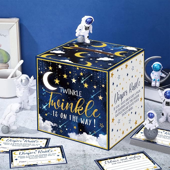 Teling 51 Pieces Diaper Raffle Tickets with Card Box Baby Shower Decorations Baby Shower Holder Box for Girl Boy Diaper Raffle Party(Twinkle Twinkle Little Star)