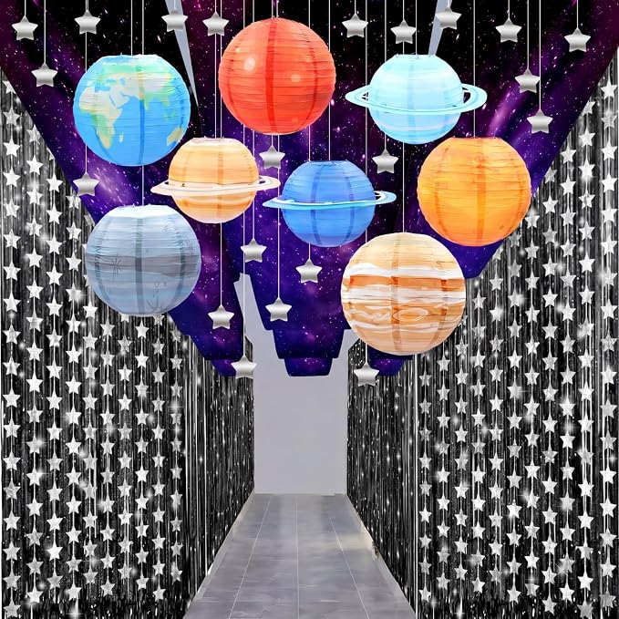 Tingjoo 13 Pcs Space Galaxy Ceiling Decorations for 2026 Vbs Space Themed Classroom Decor 12 x 2 ft Hanging Backdrop, 8 Solar System Lanterns & Star Foil Fringe Curtains Ornament for Party Decorations