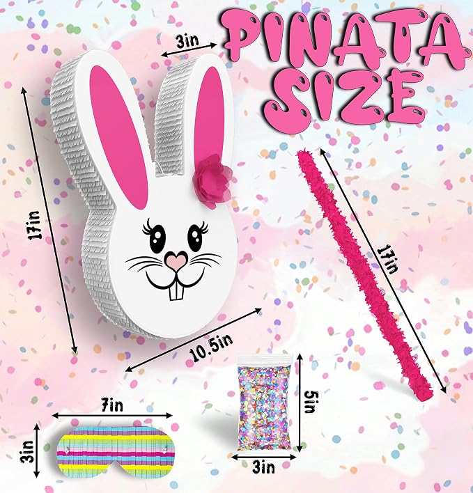 Jergrim Girl Easter Bunny Piñata Bundle 17”x11”x 3” with stick, blindfold and a small confetti bag Perfect for Easter Sunday Celebration, Bunny Theme Parties, Party Décor