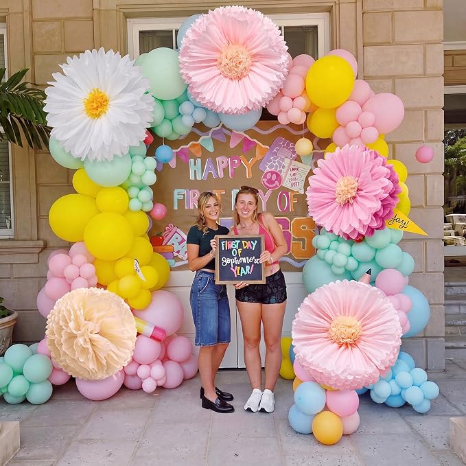 Chunful 5 Pcs 30'' 24'' Pink Giant Tissue Paper Flowers for Back to School Decor Large Hanging Crepe Paper Pom Poms for First Day of School Bulletin Board Welcome Party Decor
