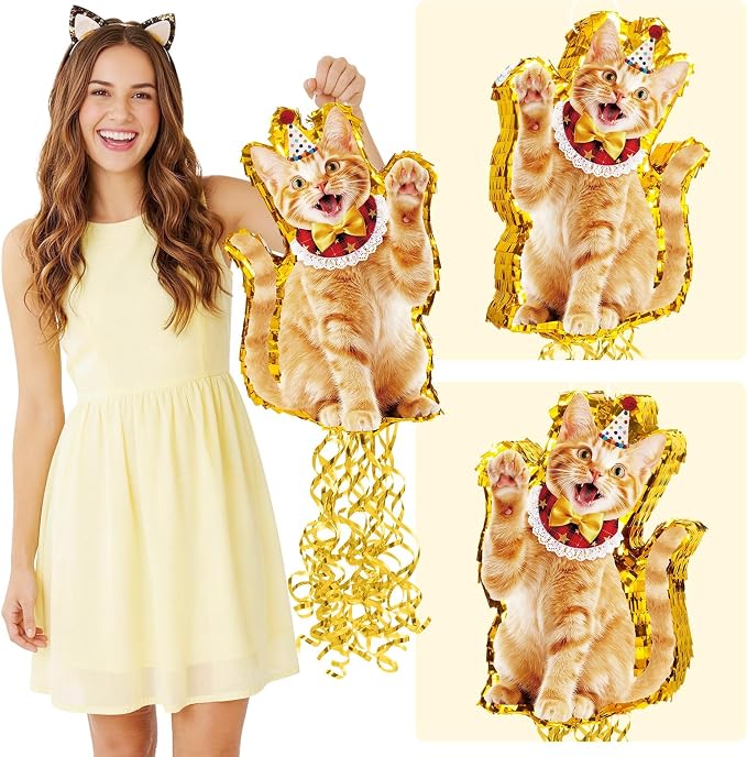 WERNNSAI Cat Piñata - Orange Cat Birthday Decorations Pull String Piñata Bundle with Blindfold and Bat Cute Animal Party Game for Kitten Party Supplies