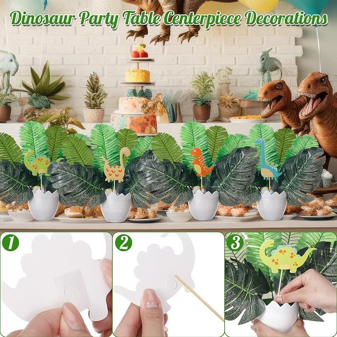 Suncalla 6 Set Dinosaur Party Table Centerpiece Decoration Dinosaur Themed Stick Set Include Vase Stick Artificial Leaves Jungle Animal Theme Table Topper for Baby Shower Birthday(Eggshell,Plastic)