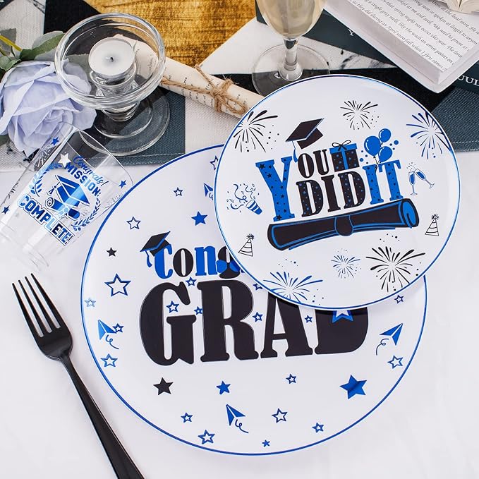 Liacere 150PCS Graduation Plastic Plates - Black and Blue Plastic Plates, Party Plates include 50Plates 25Knives 25Forks 25Spoons 25Cups for Graduation Party