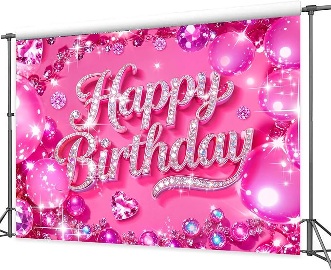 Happy Birthday Backdrop 8Wx6H Feet Polyester Fabric Bling Diamond Glitter Hot Pink Luxurious Ball for Princess Girls Decoration Modern Party Photography Background Photo Shoot Props
