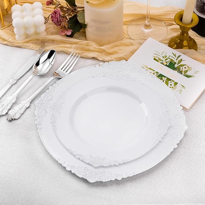 Bestluck 100 PCS White and Silver Plastic Plates for 50 Guests, Rose Gold Disposable Plates Include 50 PCS Dinner Plates, 50 PCS Dessert Plates for Party, Wedding and Baby Shower