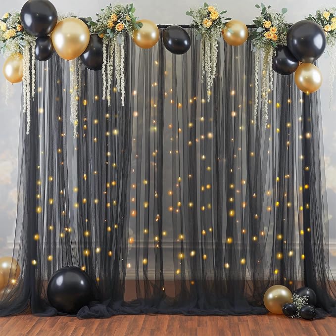 10x10ft Black Tulle Backdrop Curtain with Lights String for Parites, Sheer Photo Backdrop Drapes for Wedding Baby Shower Birthday Party Photo Shoot Decorations