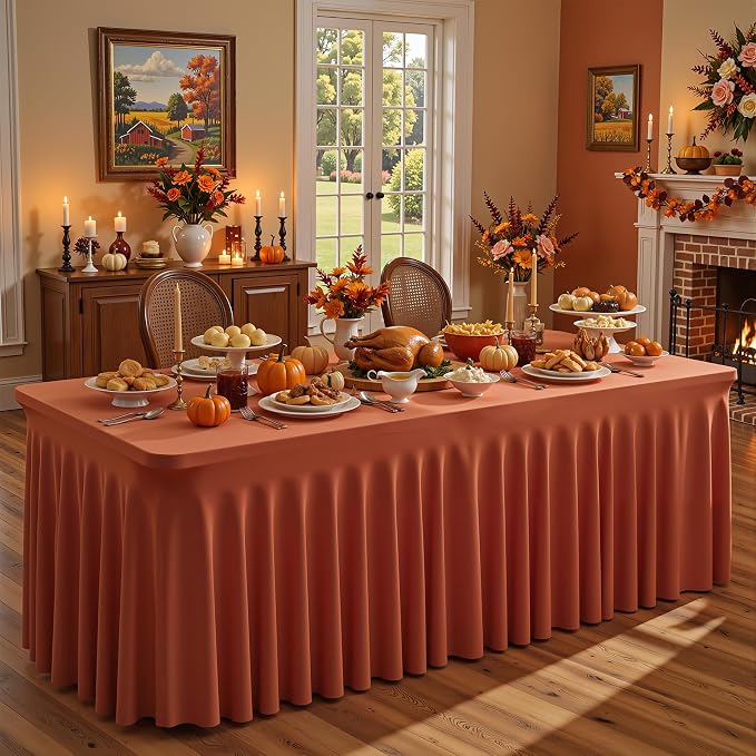 6 Packs Terracotta Spandex Table Cloths 8 Foot, Fitted Stretch Table Cover with Skirt 30x96 Inch, Wrinkle-Free Floor Length Tablecloths Rectangular for Weddings Parties Banquets Events Decorations
