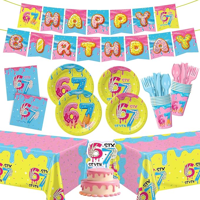 172pcs Ice Cream Birthday Party Supplies 6 7 Birthday Plates Napkins Six Seven Themed Tableware Set Paper Cups Banner Tablecloths Cake Topper Party Decorations for Kids Boys Girls Serve 24