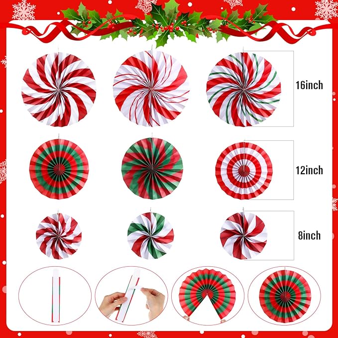 Outus Christmas Hanging Decorations Xmas Candy Paper Fans Tissue Pom Poms Colorful Paper Lanterns for Winter Holiday Party Supplies Classroom Ceiling Wall Decor