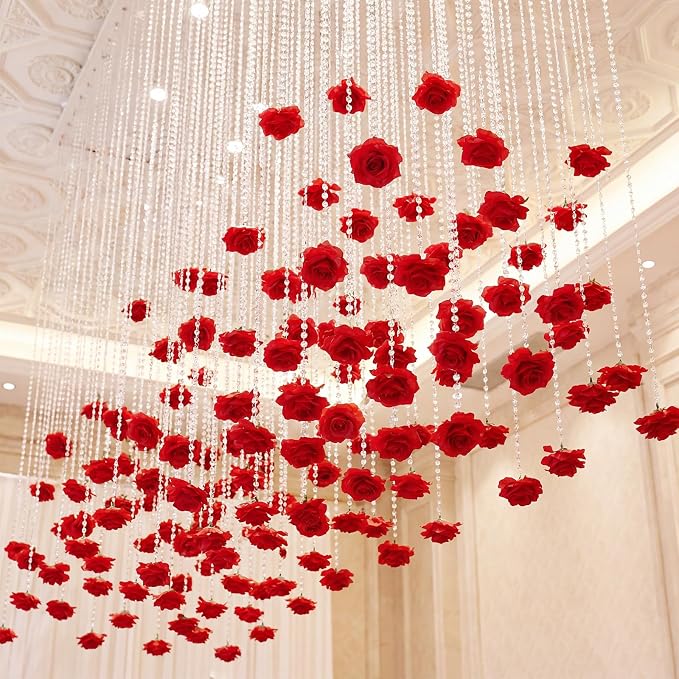 Norme 16pcs 31.4 Inch Red Rose Hanging Garland Crystal Beaded String Garland Artificial Rose Flower Decor for Mother's Day Ceiling Wedding Engagement Bridal Shower Party Decorations