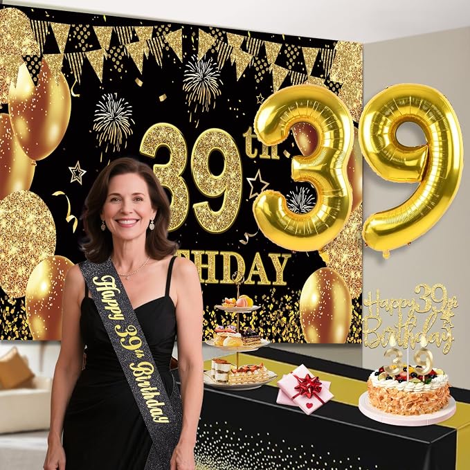 39th Birthday Decorations Men Women with 39th Birthday Banner, Black and Gold Table Cloth, Number Balloons, Large Sash, Cake Topper and Candles