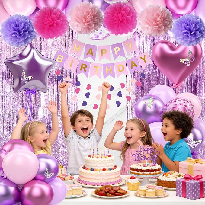 Purple Pink Birthday Decorations Balloons Pink Purple Happy Birthday Banner Cake Topper Fringe Curtain Paper Pom Poms Butterfly Sticker Metallic Hot Pink Heart Star Foil Princess Party Girls Women