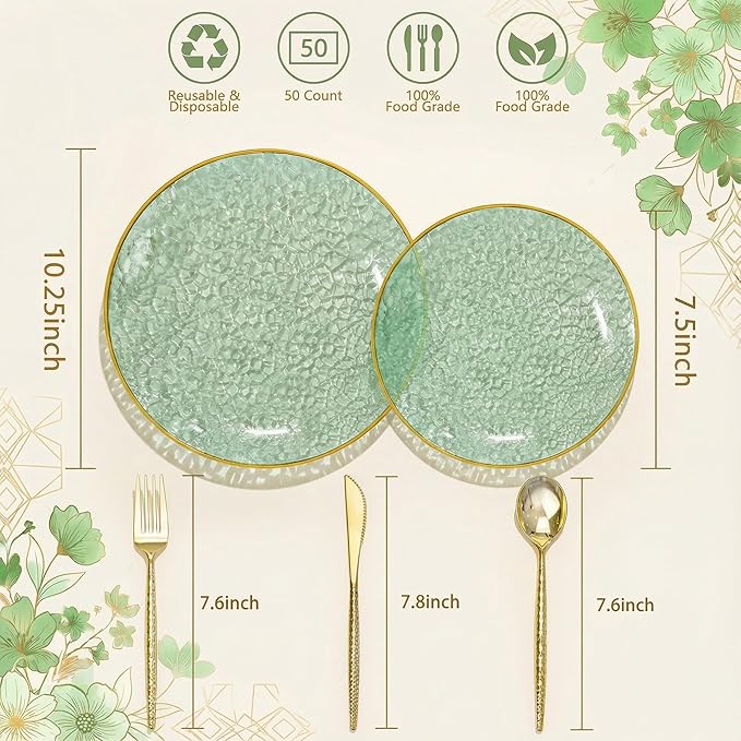 I00000 150Pcs Clear Green Plastic Plates with Gold Rim,Green Disposable Plates,Clear hammer patterned plates Set include 30 Dinner Plate,30 Dessert Plate,90 plastic Silverware Set for Party