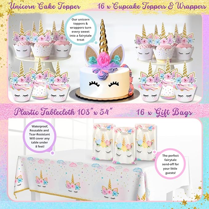 152 Pc Unicorn Birthday Decorations for Girls, Complete Party Supplies Kit | 2026 Family Choice Award winner – plates, napkins, cutlery, straws, pom-poms, balloons, banner, headband, bracelet & more