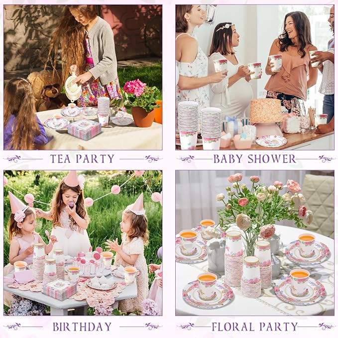 Pickmesh 250 Pcs Tea Party Disposable Tableware Set Paper Plates and Napkins Cups Supplies Tea Party Theme Dinner Dinnerware for Birthday Bridal Baby Shower wedding Decoration Serves 50