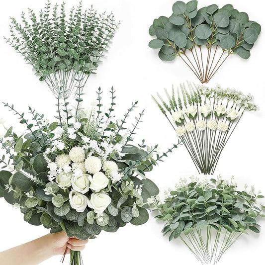 Serwalin 100 Pcs 7 Kinds Mixed Artificial Eucalyptus Leaves Stems Bulk with Flowers Faux Silver Dollar Eucalyptus Stmes Greenery Branches for Wedding Floral Arrangement Centerpieces Home Decor