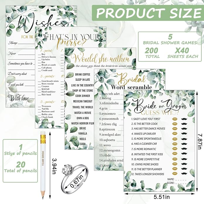 Sosation 331 Pcs Bridal Shower Games Supplies, 5 Sets (50 Cards Each) Wedding Games Cards, 1 Put a Ring on It Bridal Shower Game with 60 Rings and 20 Team Pencils for Wedding Engagement