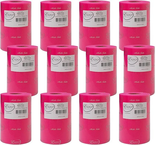 Expo International Decorative Matte Tulle, Roll/Spool of 6” X 100 Yards, Lightweight Polyester Tulle Fabric for Tutus, Costumes, and Party Decorations, Washable, Easy-to-Use, Pack of 12, Hot Pink