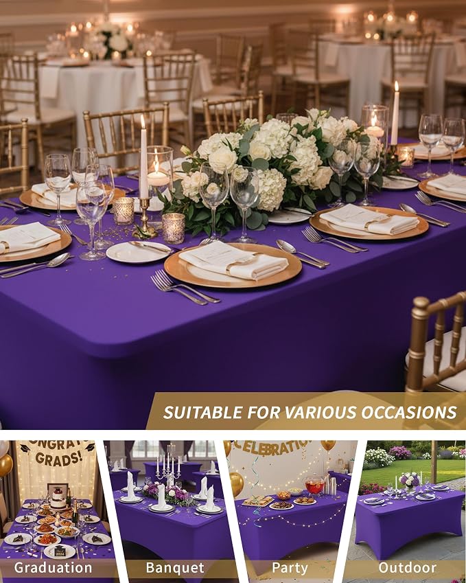 Fixwal Purple Tablecloths for 8 Foot Rectangle Tables, 2 Pack Spandex Stretch Fitted Table Covers for Party, Trade Show, Banquet, Wedding, Buffet