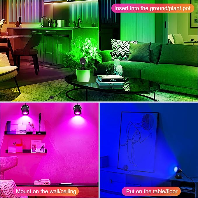 T-SUN Smart RGBW Spotlights, Indoor Uplights, Spotlights with App & Remote, Music Sync, 16M Colors, Timer, Dimmable, Waterproof Floor Spotlight for Plants Home Party Stage Decor, Set of 4