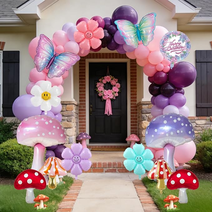 Magical Mushroom Forest Birthday Party Balloon Decor Kit - 13 PCsSet with Gradient Butterflies, Smiley Daisies & Happy Birthday Balloon | Whimsical Theme Party Decorations for Boys and Girls